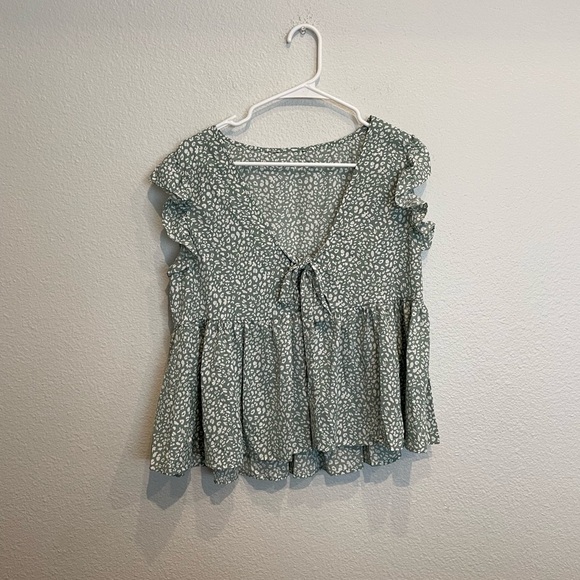 SHEIN - Sage Green - Tie Front Ruffle Top - Picture 2 of 8